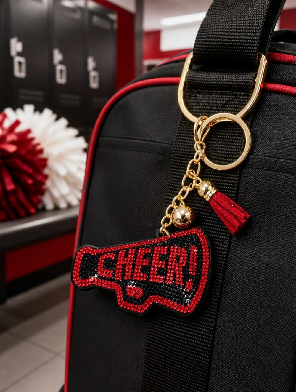 CHEER Megaphone Rhinestone Keychain Bag Charm Red Black Cheerleader Spirit